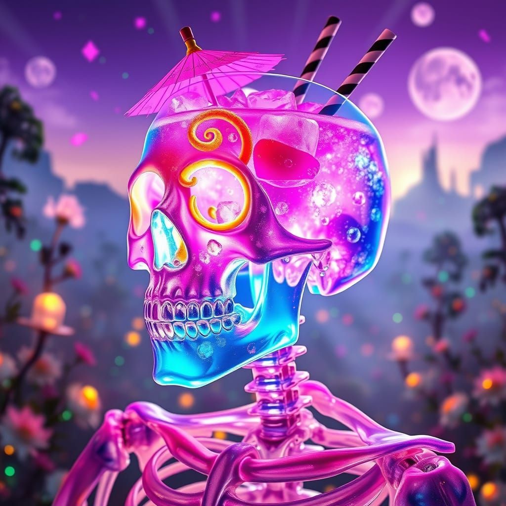 Crystal Skeleton with Glowing Cocktail Skull Head