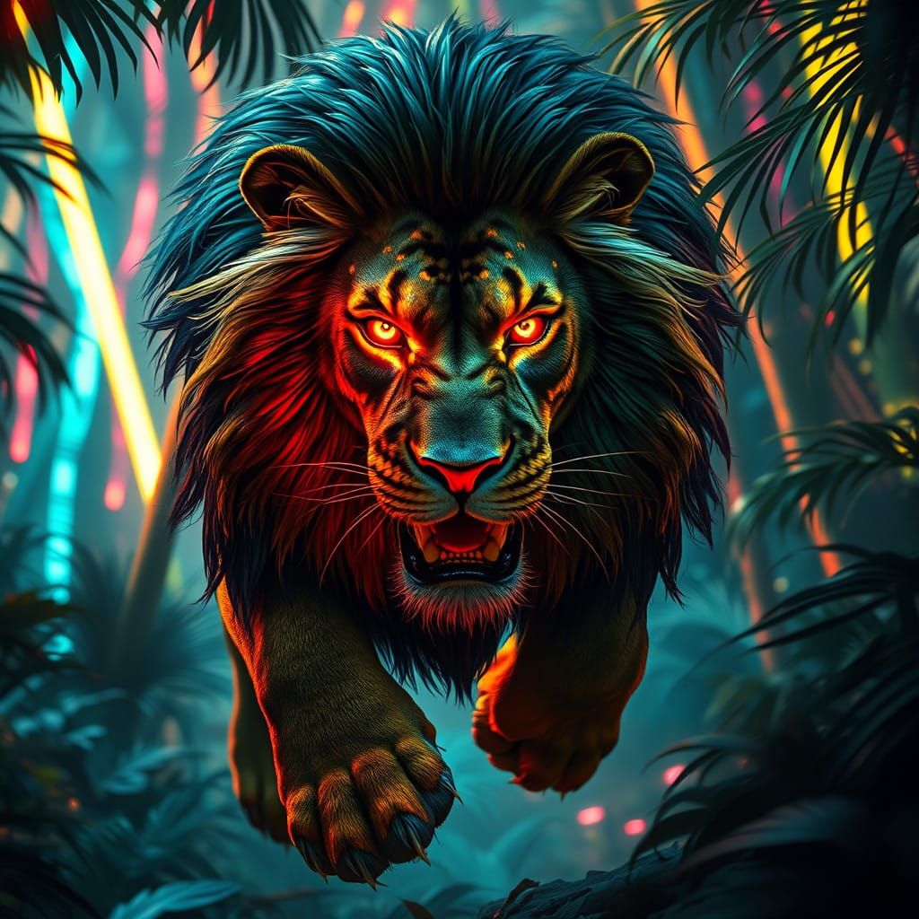 Surreal Neon Lion Embarks through Vibrant Cyberpunk Landscap...