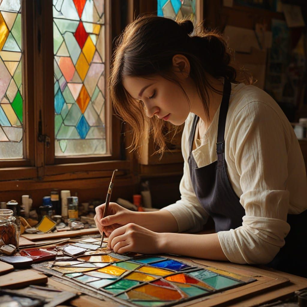 Woman Creating Stained Glass in Impressionist Oil Painting