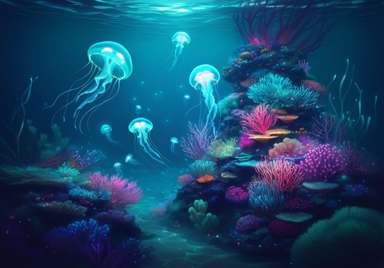Bioluminescent Coral Reef in Dreamy Iridescent Style