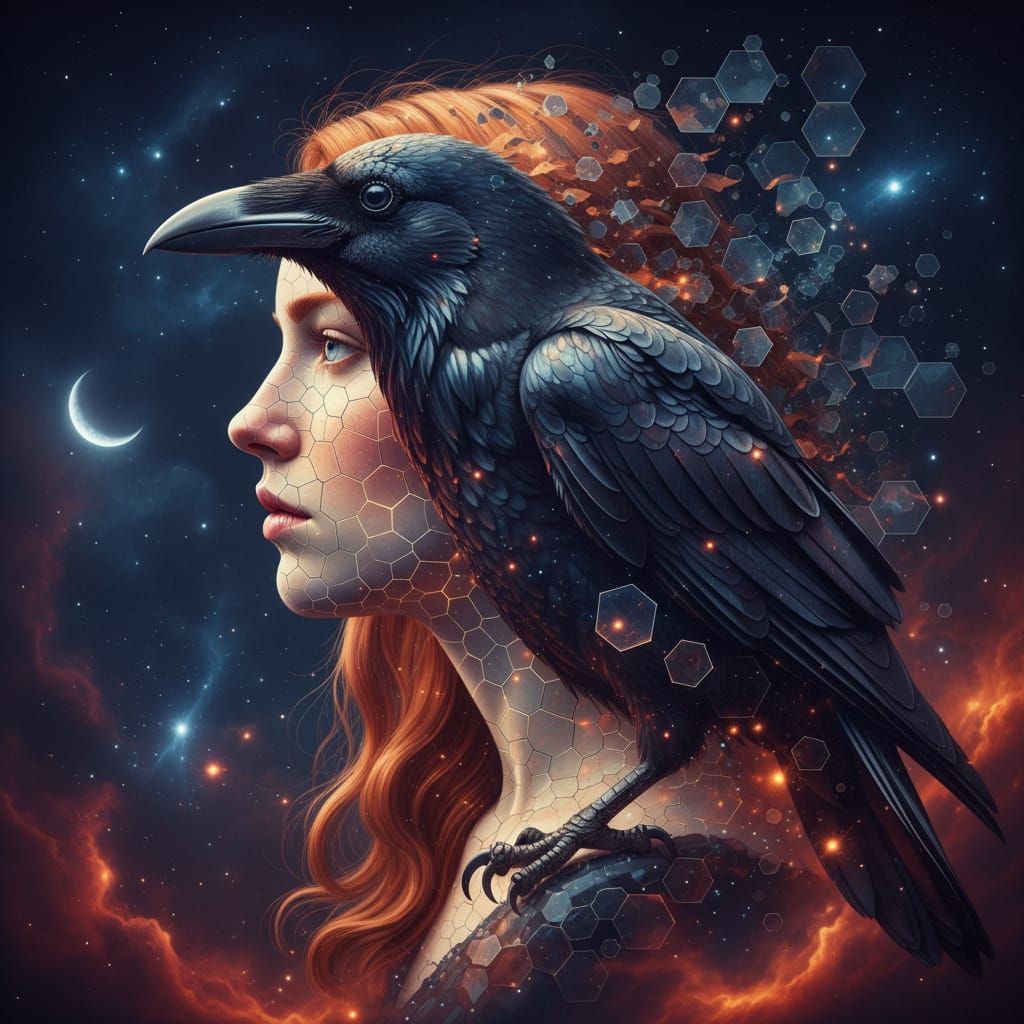 Geometric Fusion: Raven and Redhead in Night Sky