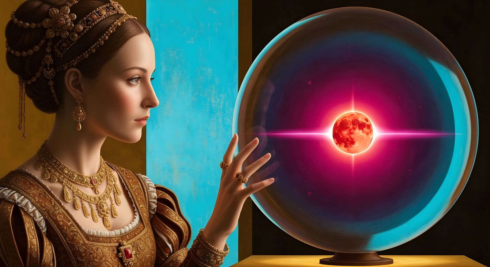 Renaissance Woman Gazing at Blood Moon Eclipse