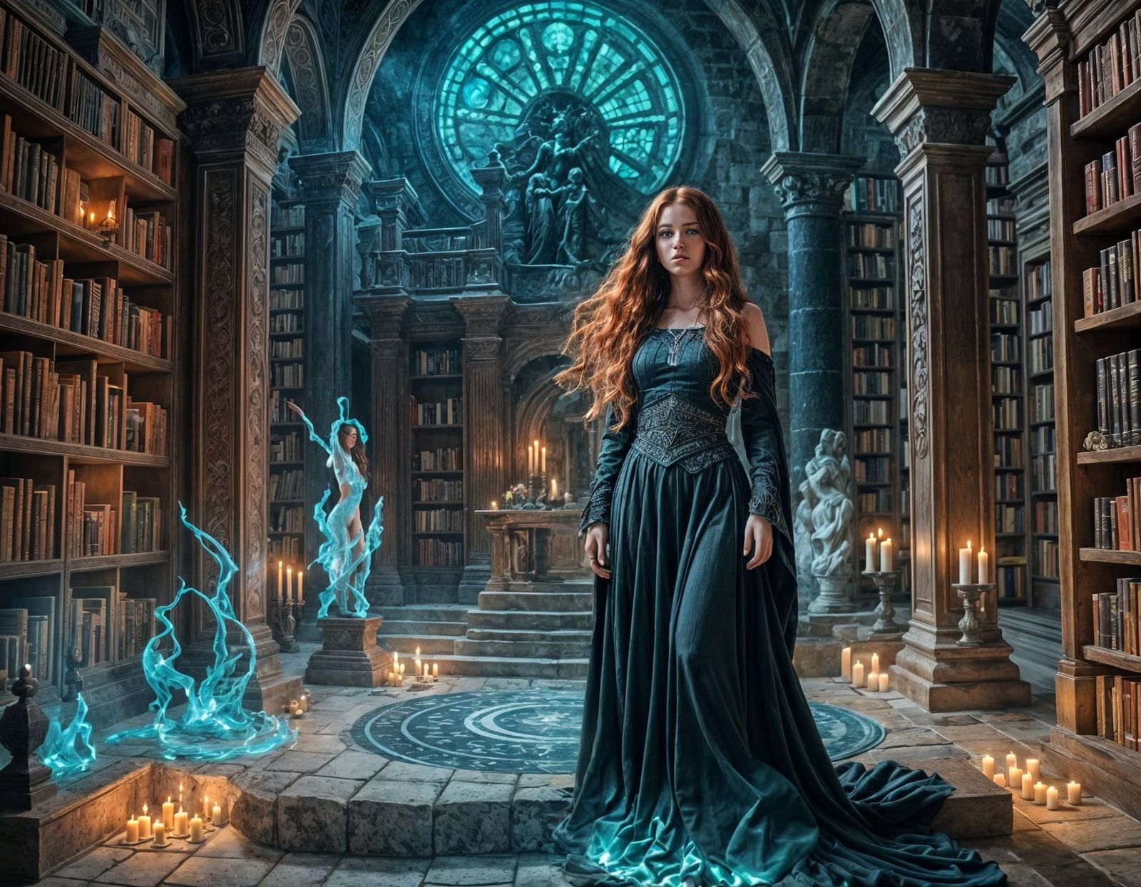 Mystical Evocation: Girl and Altar in Stone Chamber