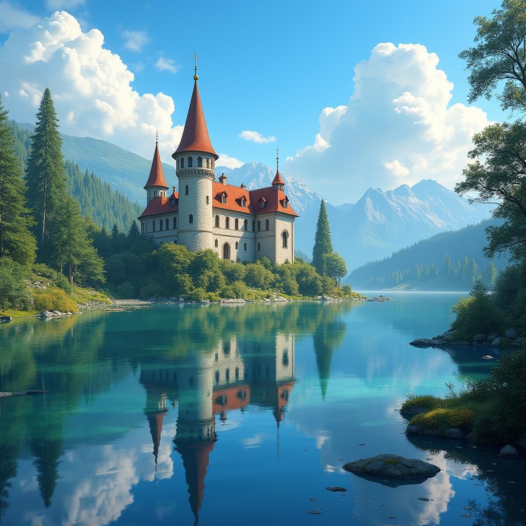 Majestic Lakeside Estate in Fantasy Concept Art Style