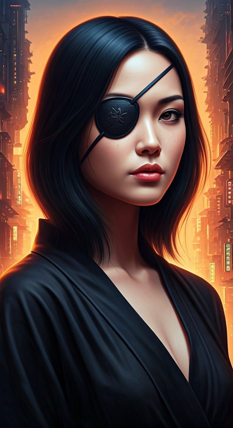 Asian Woman in Vibrant Sky City with Dramatic Lighting