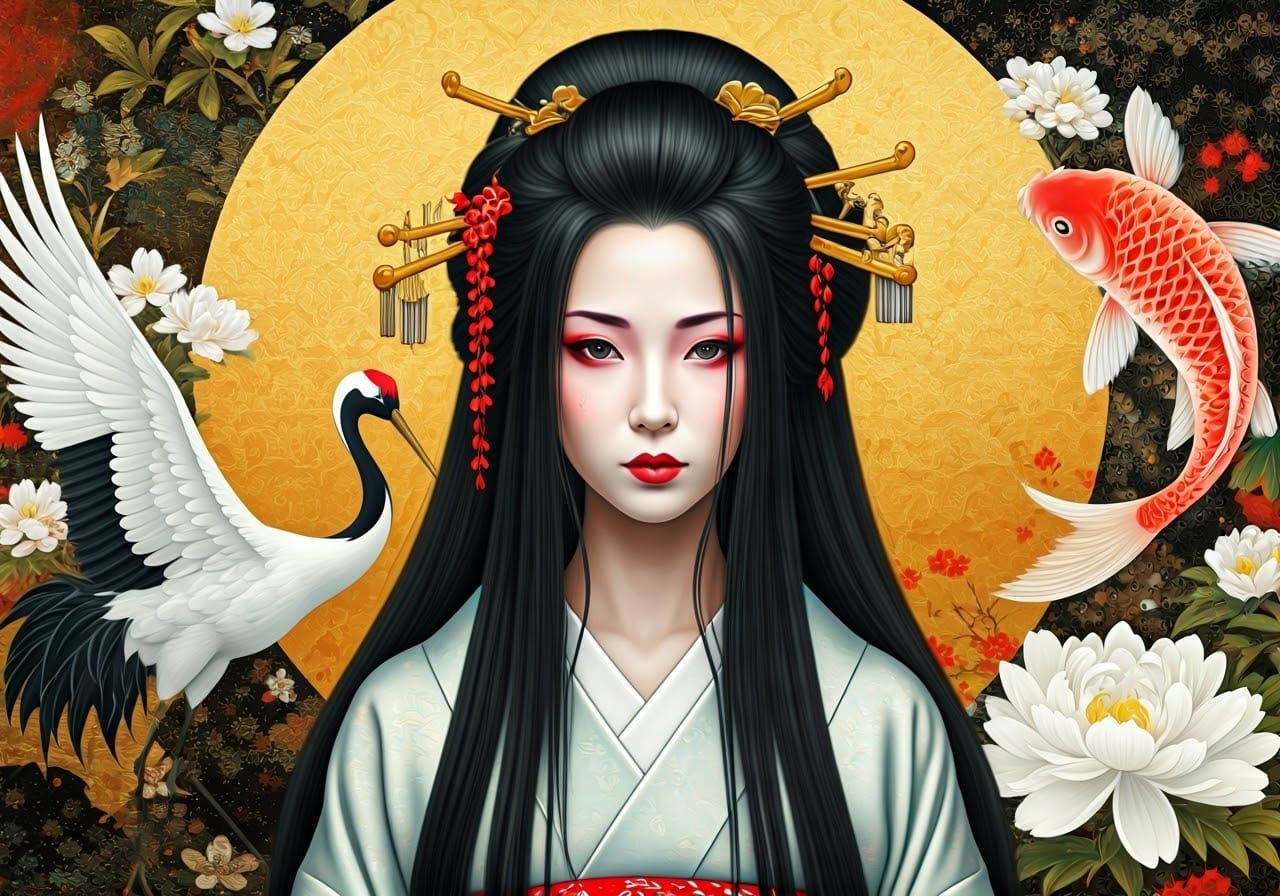 Geisha Portrait with Japanese Symbols, Yoshitaka Amano Style