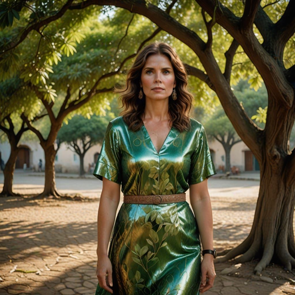 Elegant Woman in Iridescent Dress Beside Lilac Tree