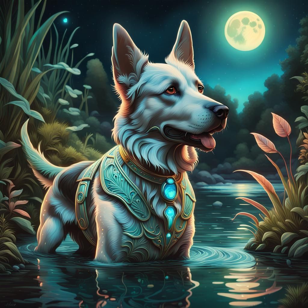 Art Deco K9 in a Magical River Scene