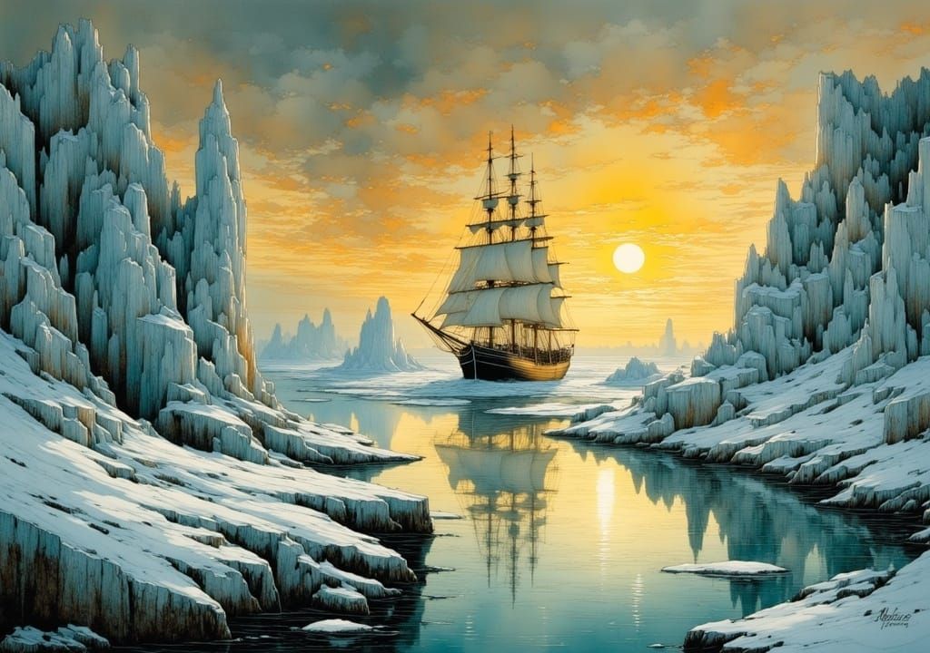 Sailing Ship in Majestic Arctic Ice Landscape with Arches