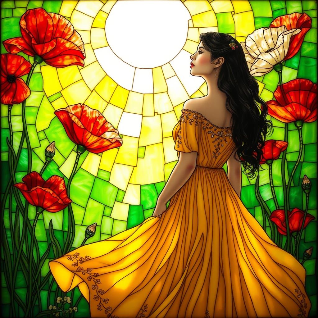 Stained Glass Woman Among Poppies in Tiffany Style