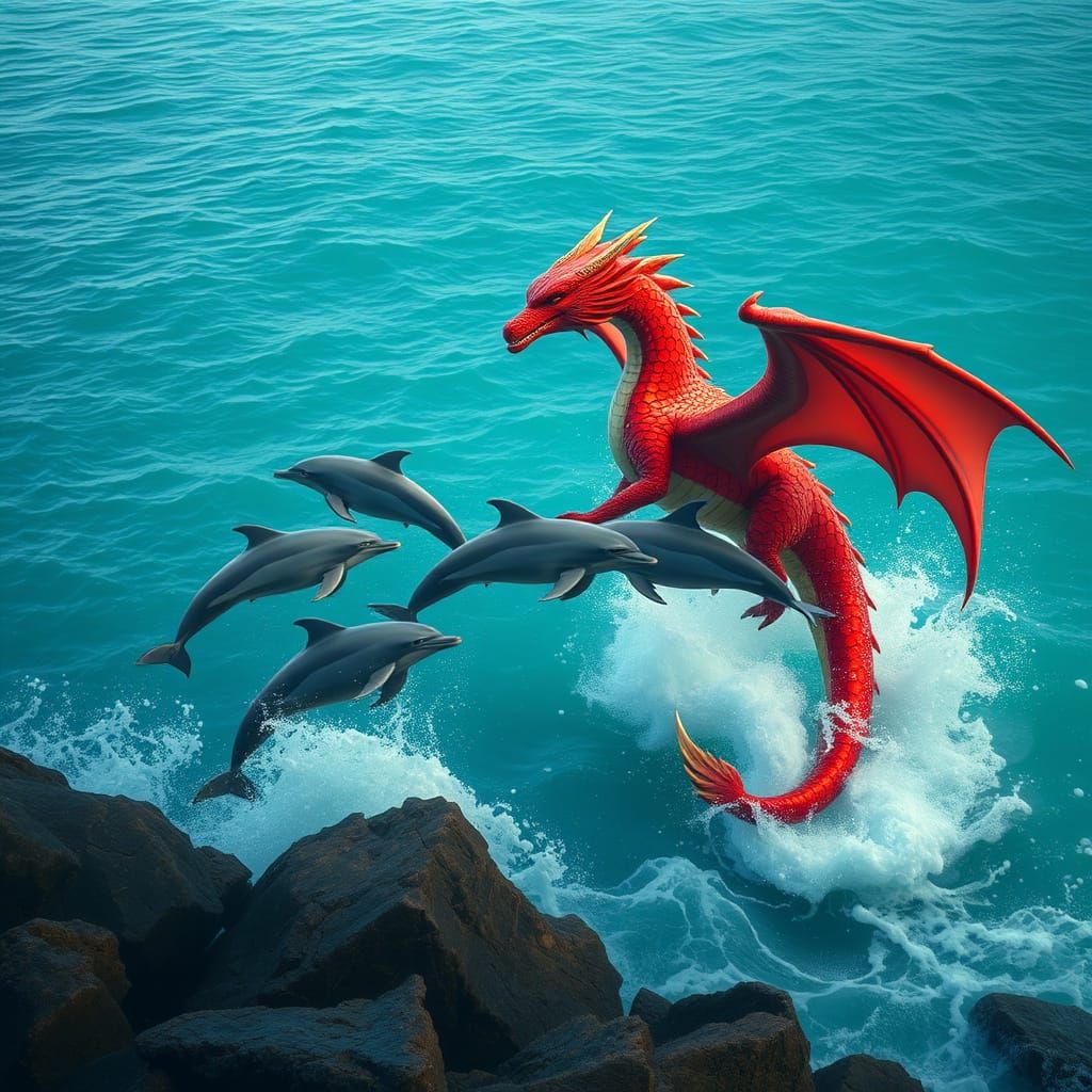 Mystical Wales Dolphins and Red Dragon Leap in Harmony