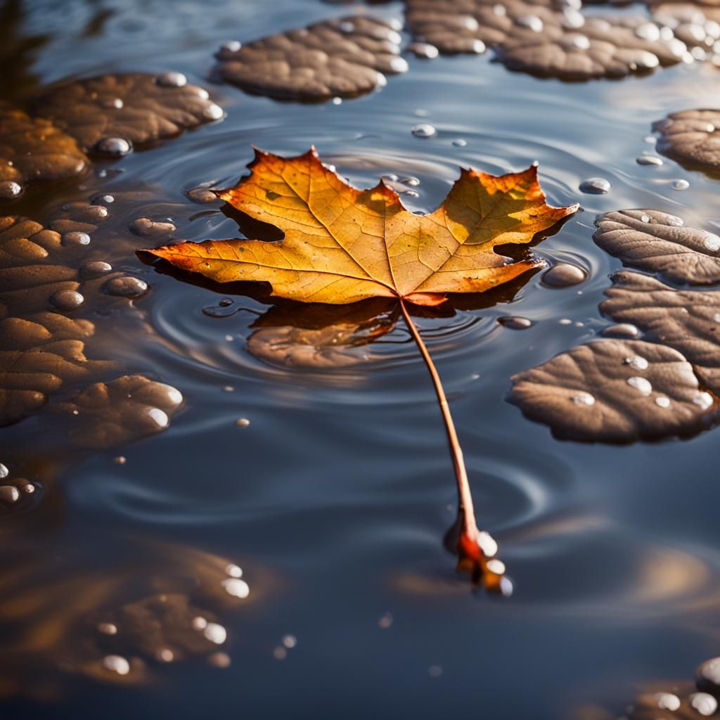 Autumn Leaf Ripples in Puddle: Bokeh Photography