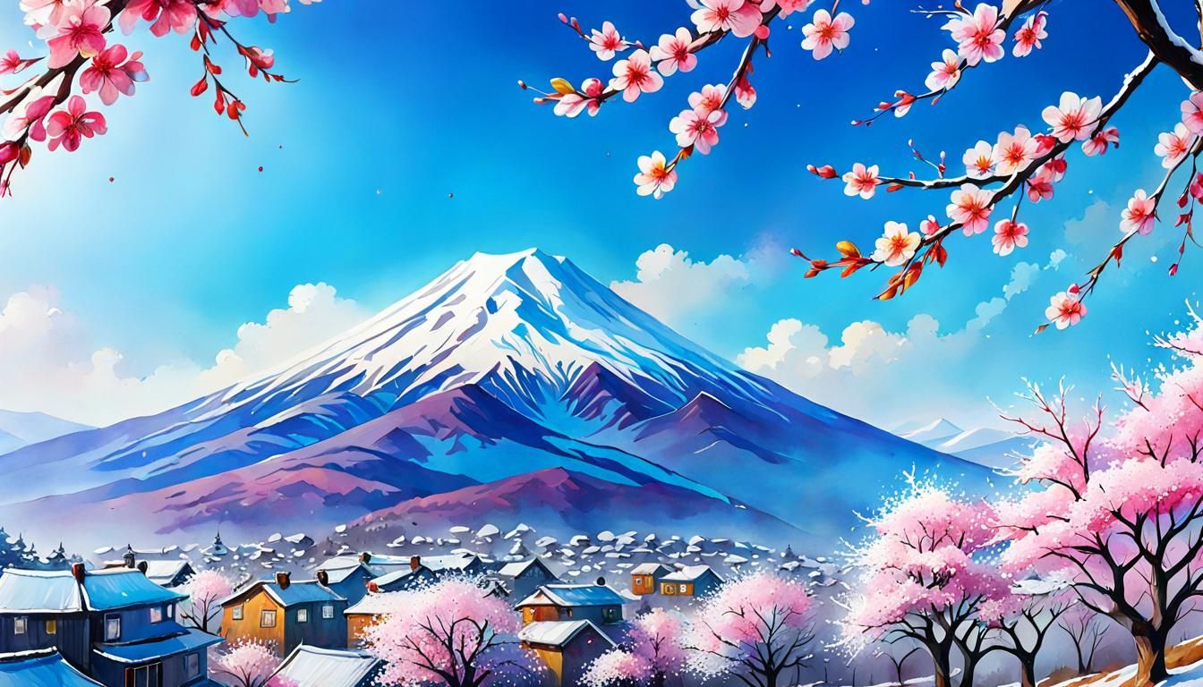 Cherry Blossoms and Mount Fuji: Watercolor Splatter Art