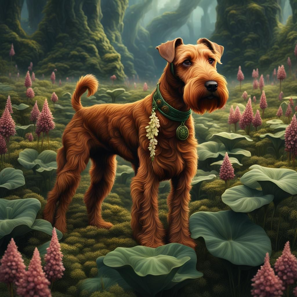 Irish Terrier dog in a field of wild ginger, Asarum canadense, an ornate and symbolic painting in the style of Academic ...