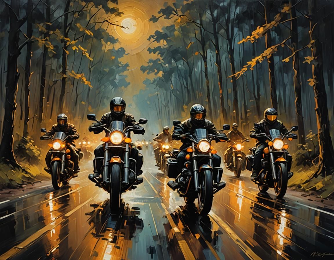 Motorcycle Convoy on Forest Highway: Impressionist Oil Paint...
