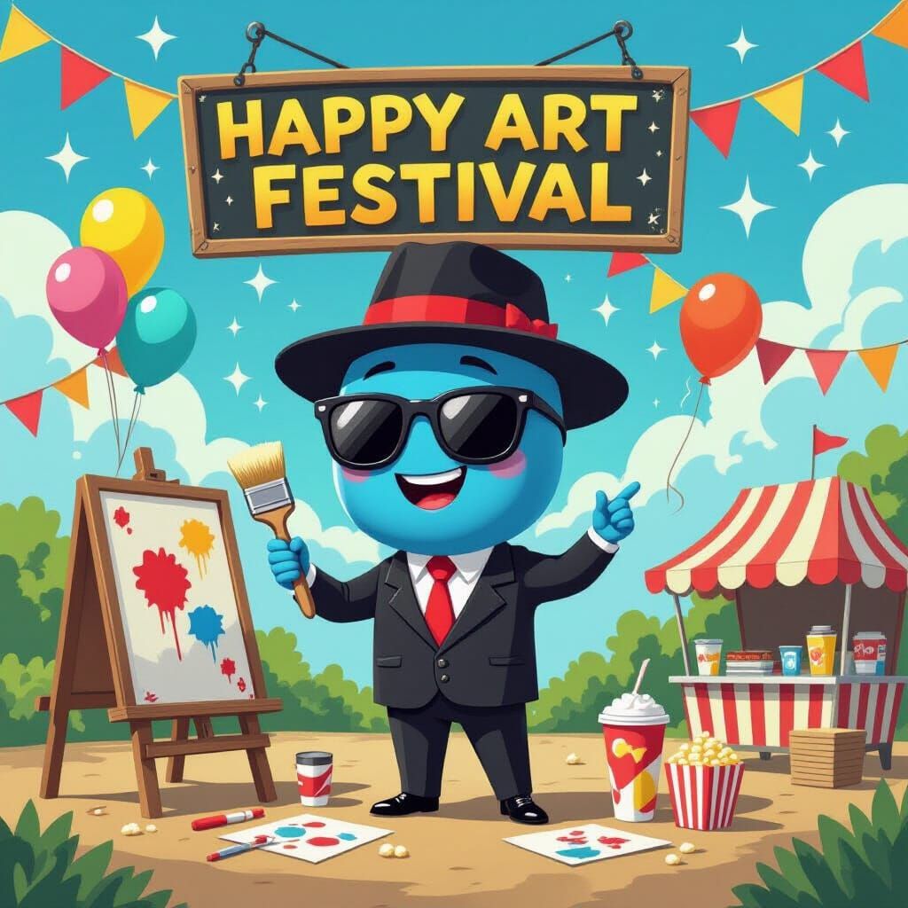 Blue Character at Happy Art Festival in Cartoon Style