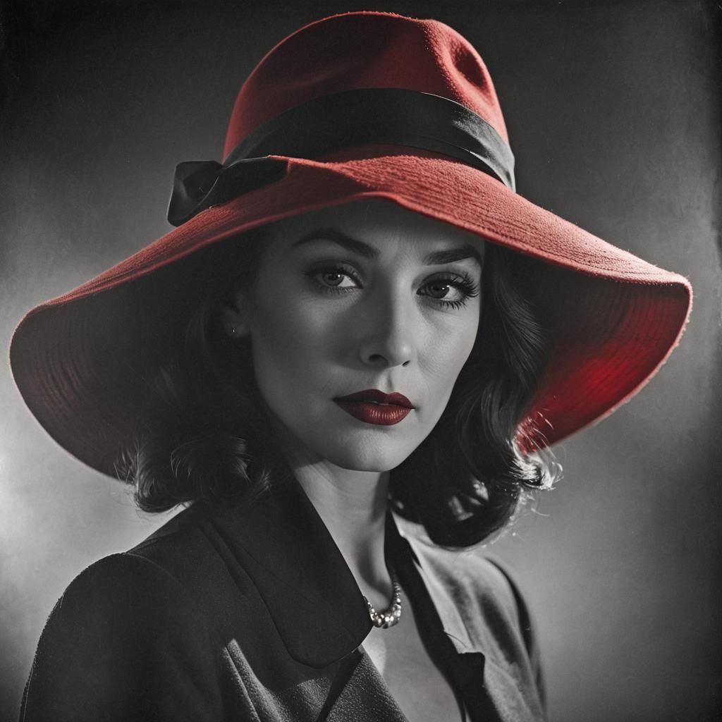 Elegant Woman in Red Hat: Vintage Film Noir Portrait