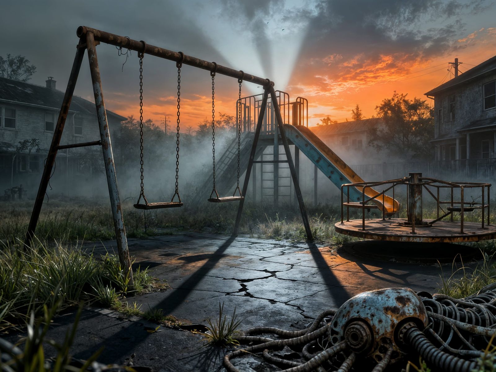 Foggy Playground at Dusk: Uncanny Childhood Memories