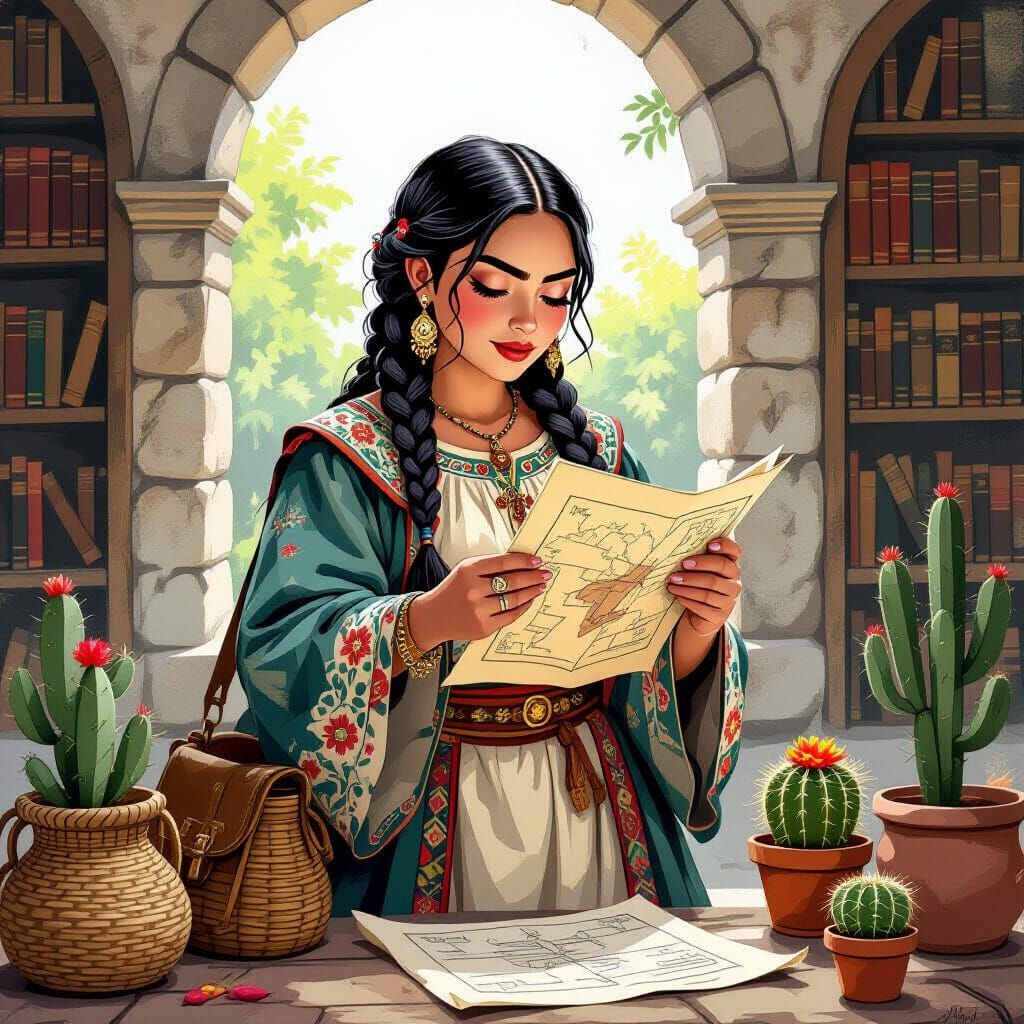 Halfling Sage Studying Map in Frida Kahlo Style