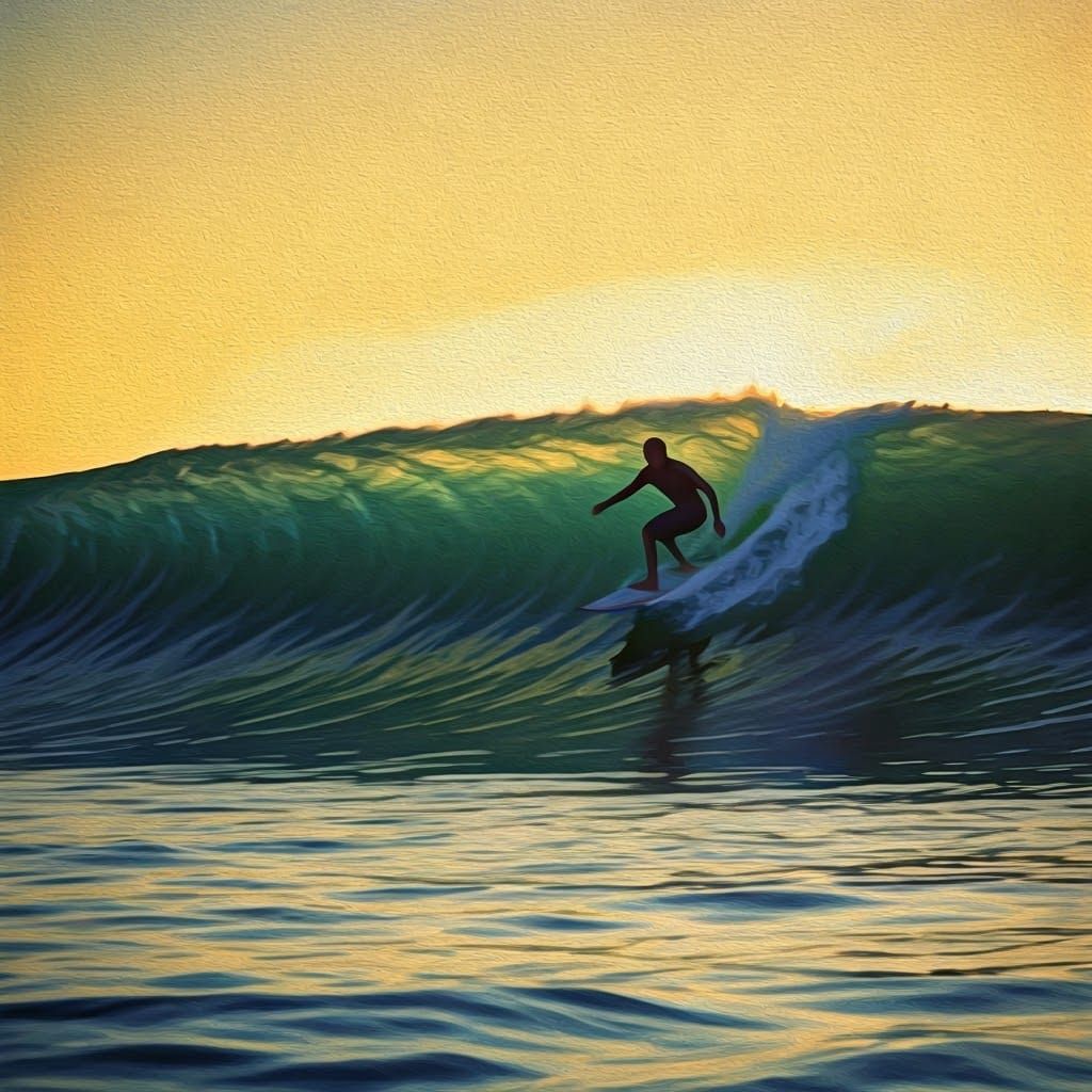 Surreal Gouache Painting of a Surfer Riding a Vibrant Wave