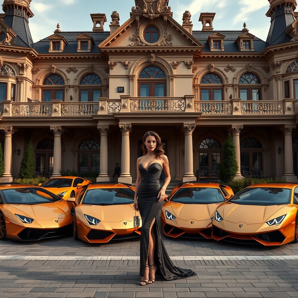 Elegant Woman Beside Mansion with Gold Lamborghinis