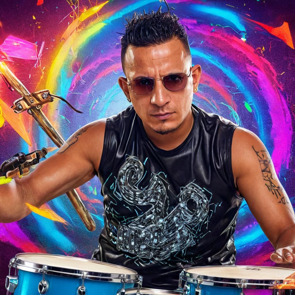 Rock Star Portrait with Neon Lights and Drums