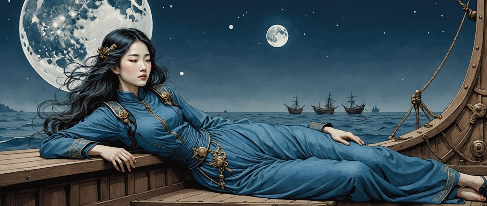 Dreaming Girl on Ship Deck, Arthur Rackham Style