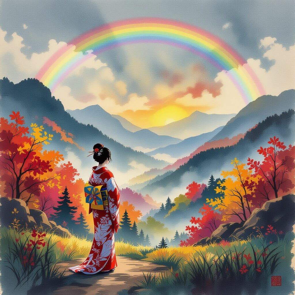 Woman in Valley with Fading Rainbow, Yamato-e Style