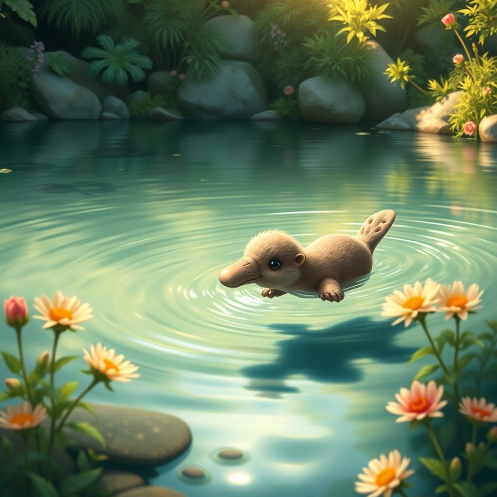 Whimsical Platypus in a Lush Lake Scene