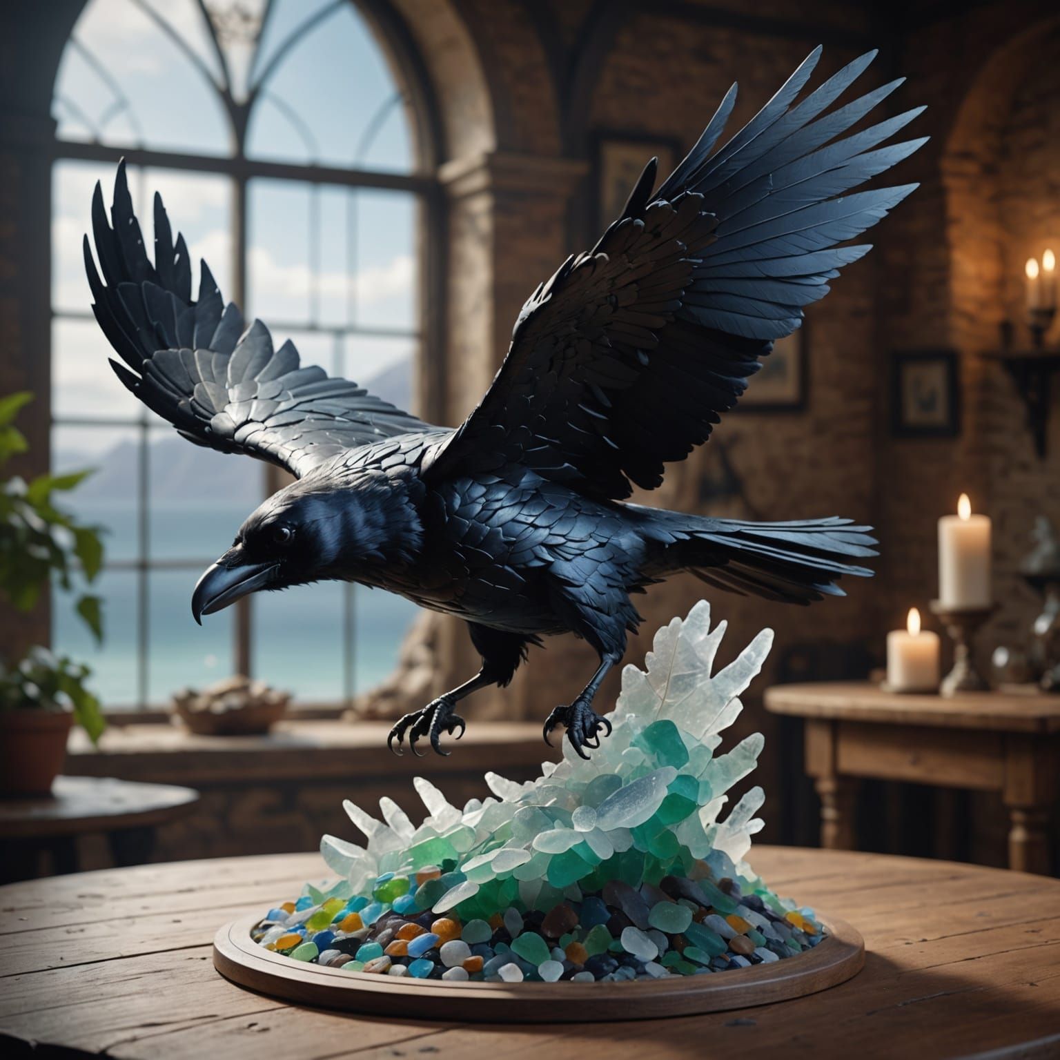 Sea Glass Raven Sculpture In Flight