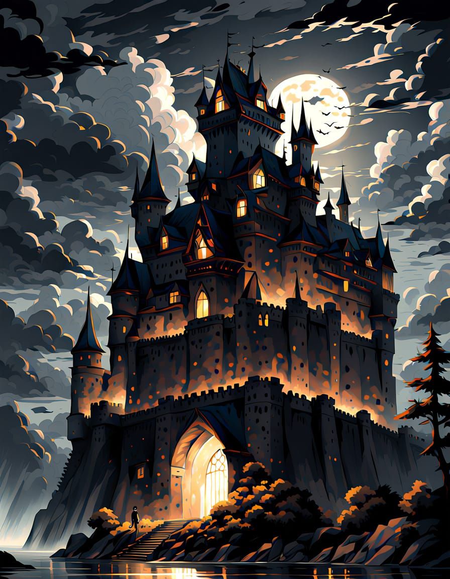 Dark Castle in Stormy Anime Sky