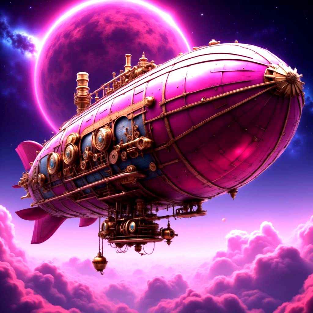 Steampunk Airship Floats Below a Neon Planet