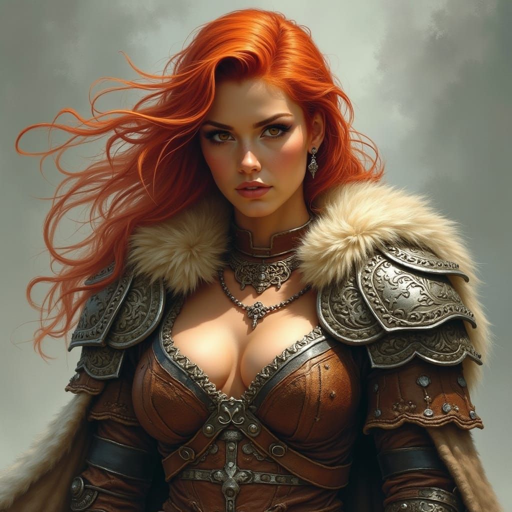 Viking Warrior Maiden in Fierce Red Hues and Celtic Armour