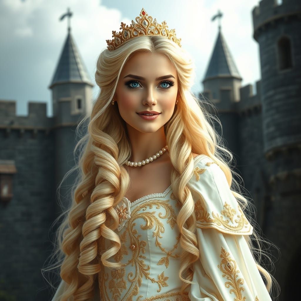 Medieval Princess with Flowing Blonde Hair and Blue Eyes