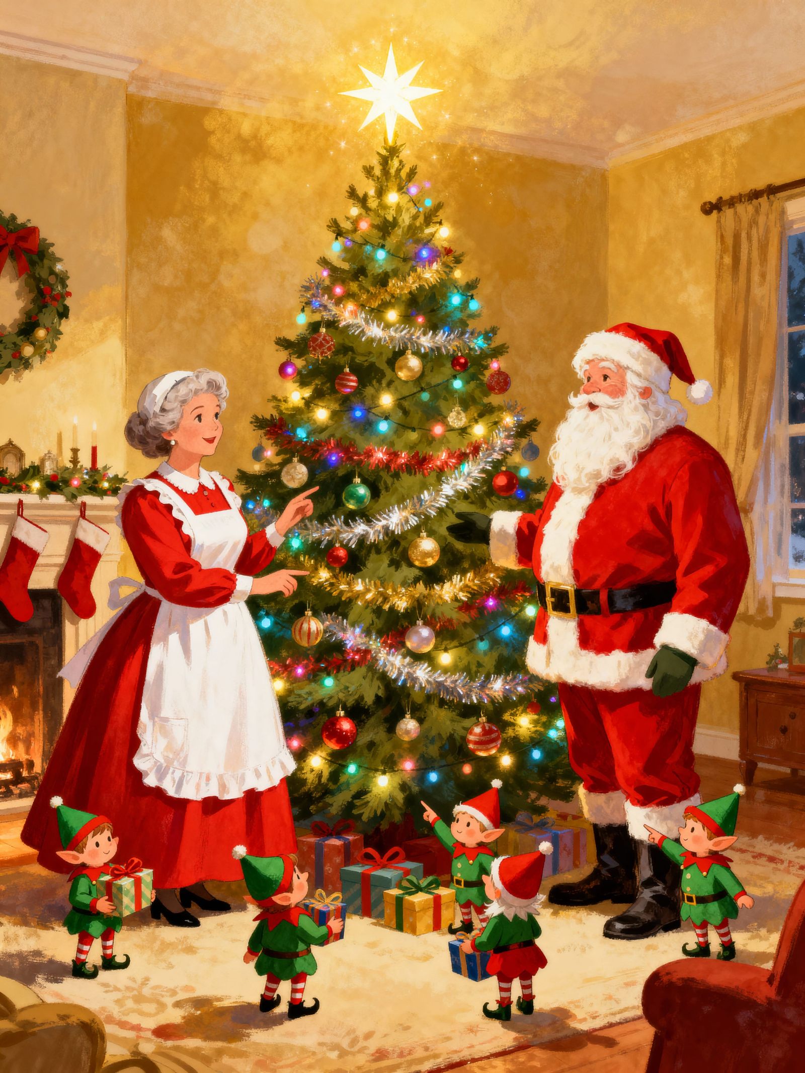 Santa and Mrs. Claus with Elves by a Christmas Tree