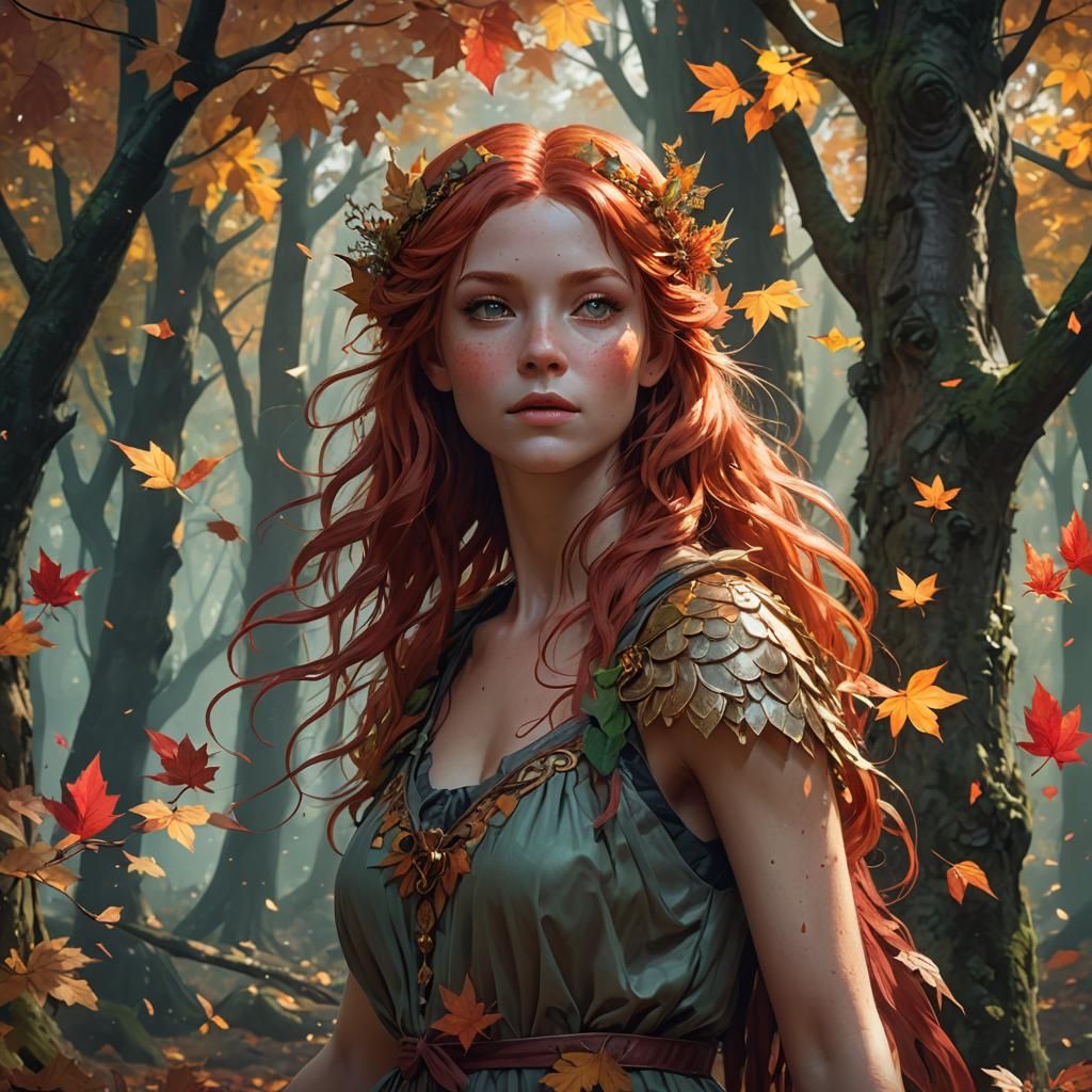 Red-Haired Autumn Fairy Portrait in Forest