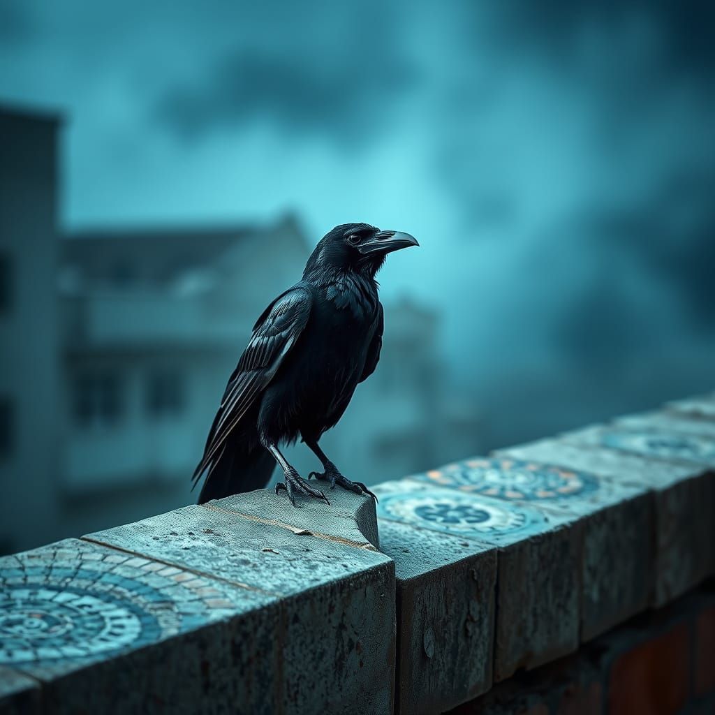 Raven on Weathered Wall in Hyperrealistic Detail