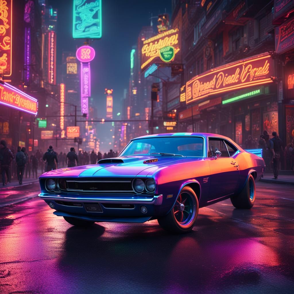 Iridescent Muscle Car Races Down Neon Street