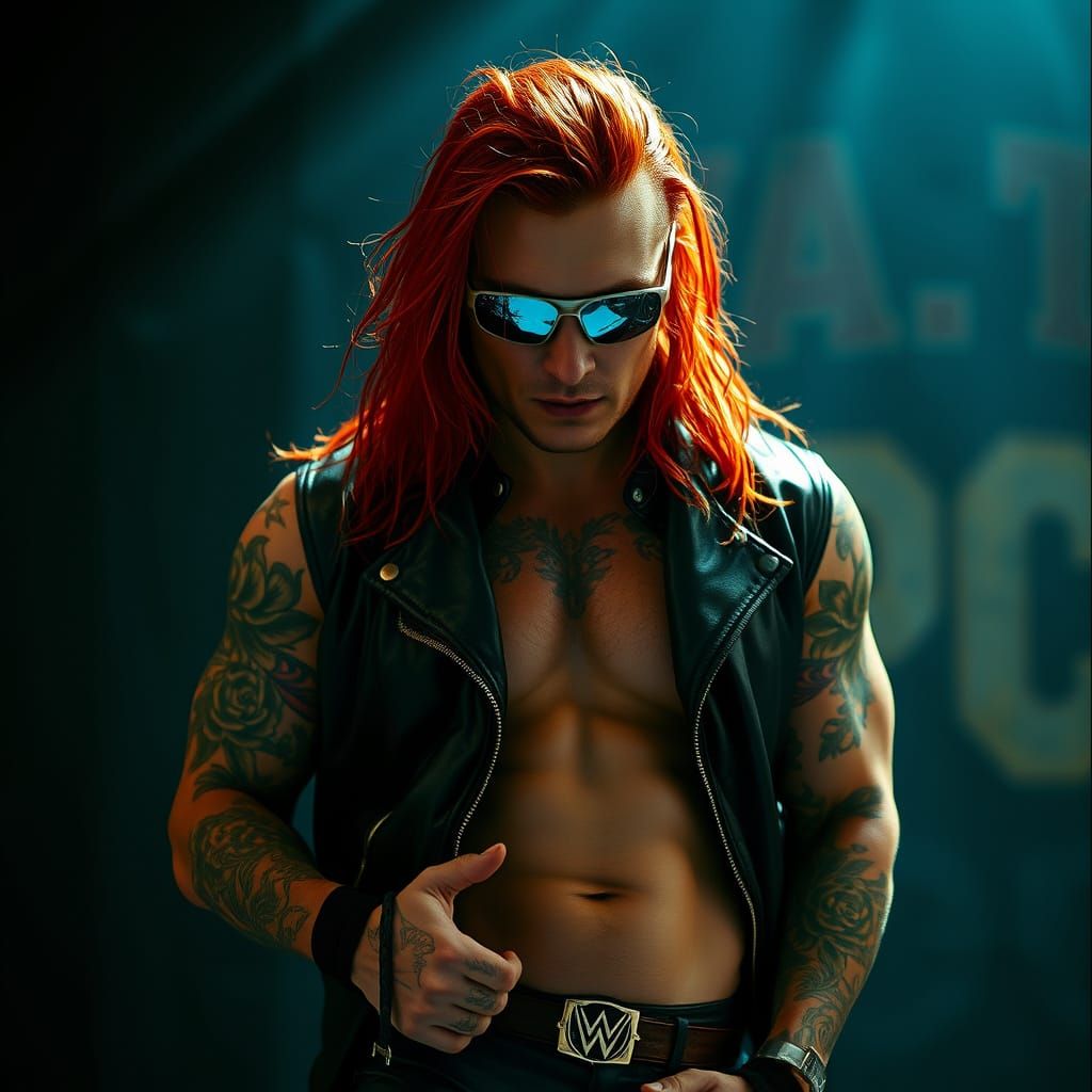 Tattooed Wrestler in Moody Leather Attire