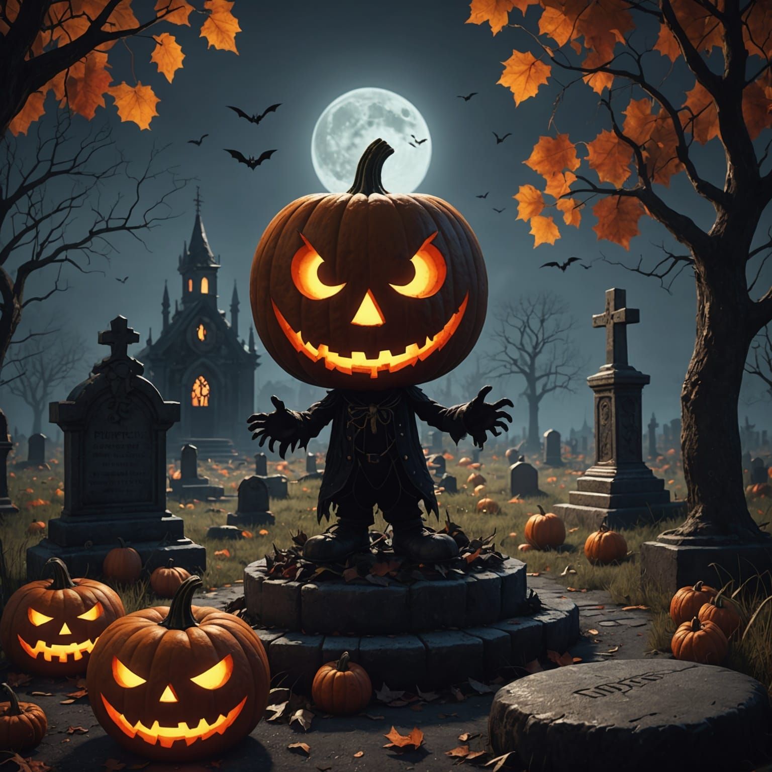 Creepy Pumpkin in Graveyard, 3D Rendered