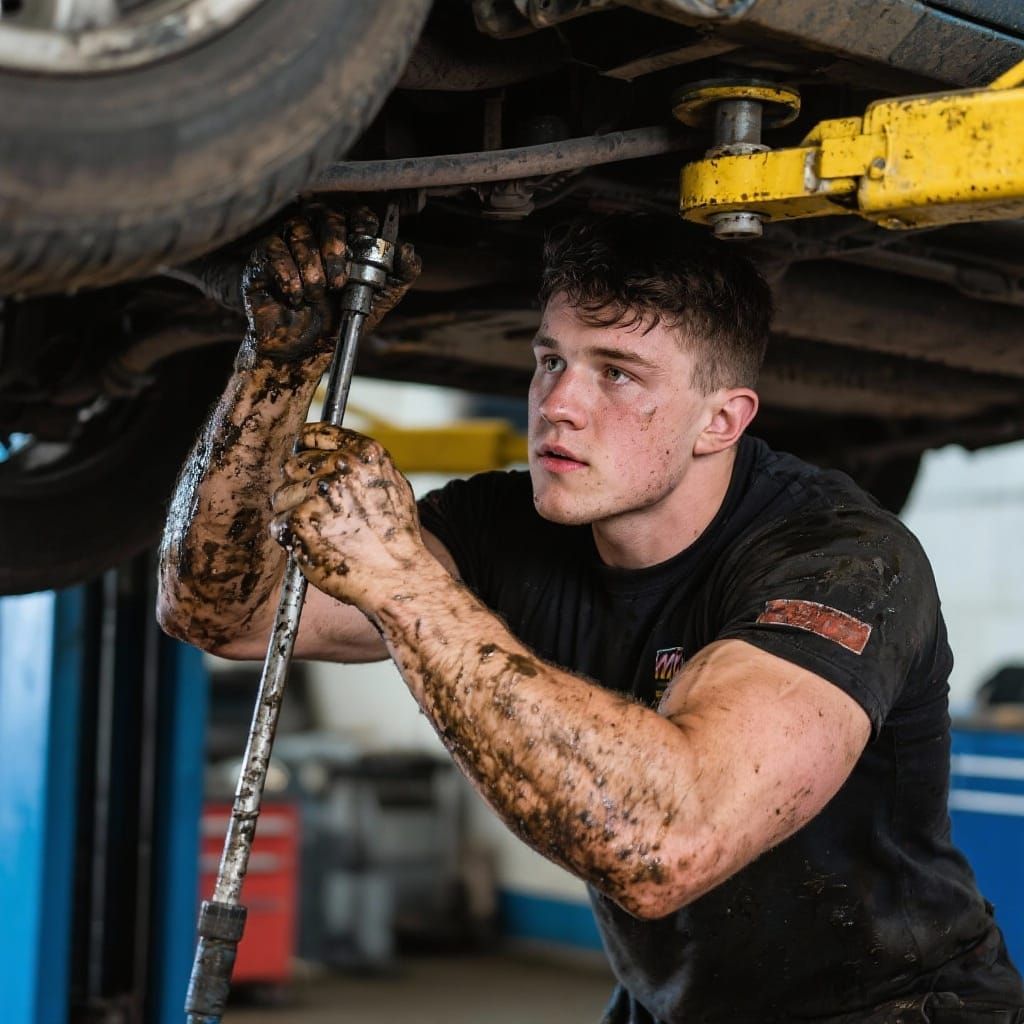 Rugged Mechanic Working Underneath a Car