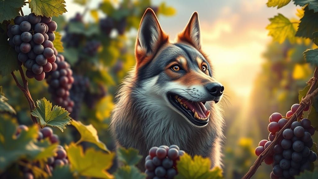 Wolf Dog Harvests Grapes in Hyperrealistic Farm Scene