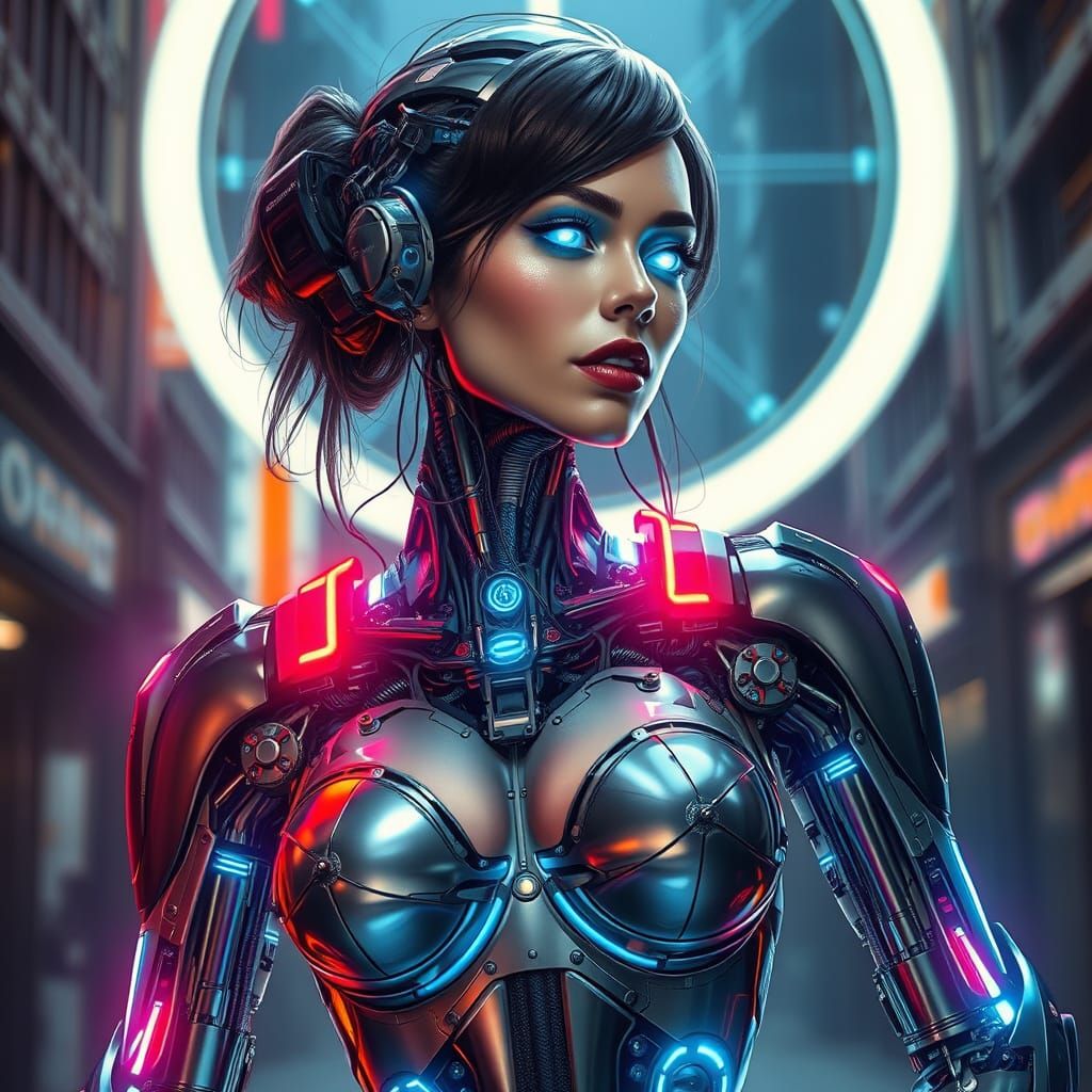 Cybernetic Woman in Futuristic Industrial Landscape