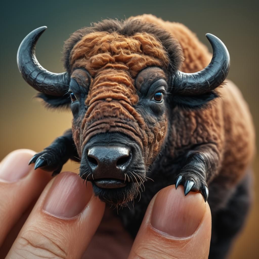 Fierce Microscopic Buffalo on Fingertip in High Resolution