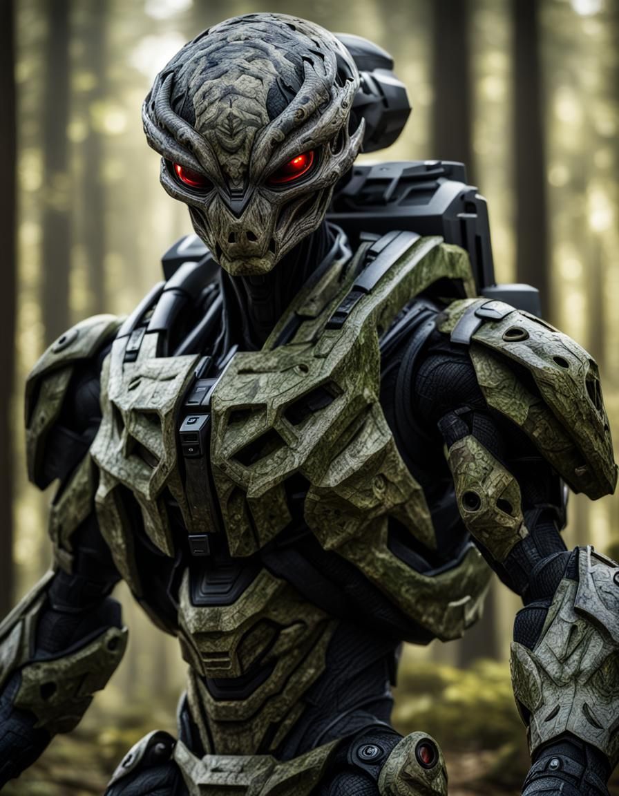 Alien Creature and Human Hunter in Forest