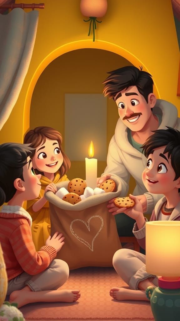 Cozy Cottage Family Scene in Soft Pastel Colors