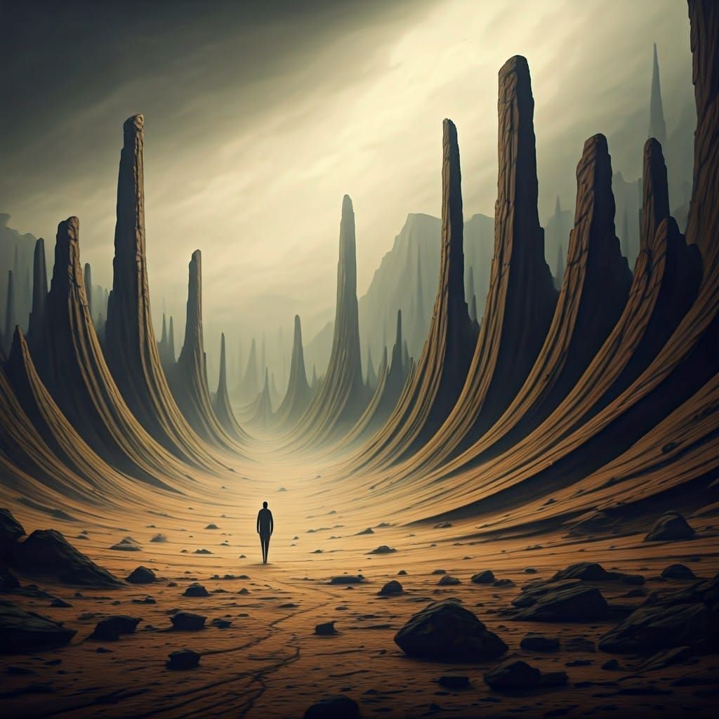 Eerie Desert Landscape with Twisted Rock Formations