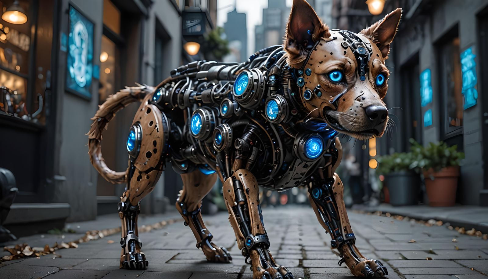 Biopunk Artificial Dog with Glowing Enhancements