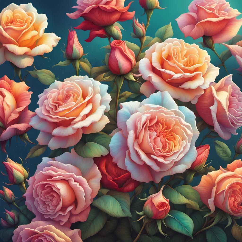 Blooming Roses and Lilies in Springtime: Digital Illustratio...