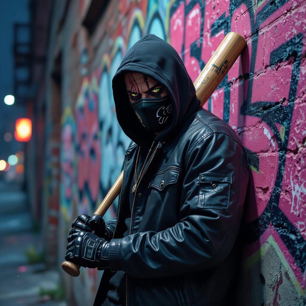 Gangster in Mask Leaning in Street Art Alleyway